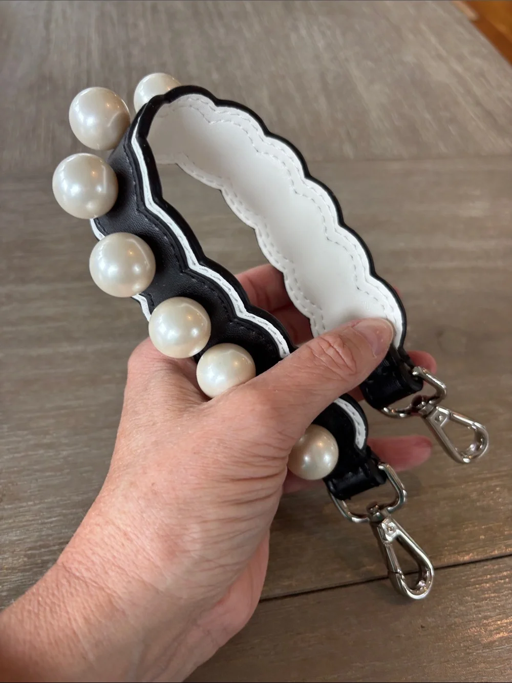 Pearl-Trim Black Leather Bag Strap - White Pearls